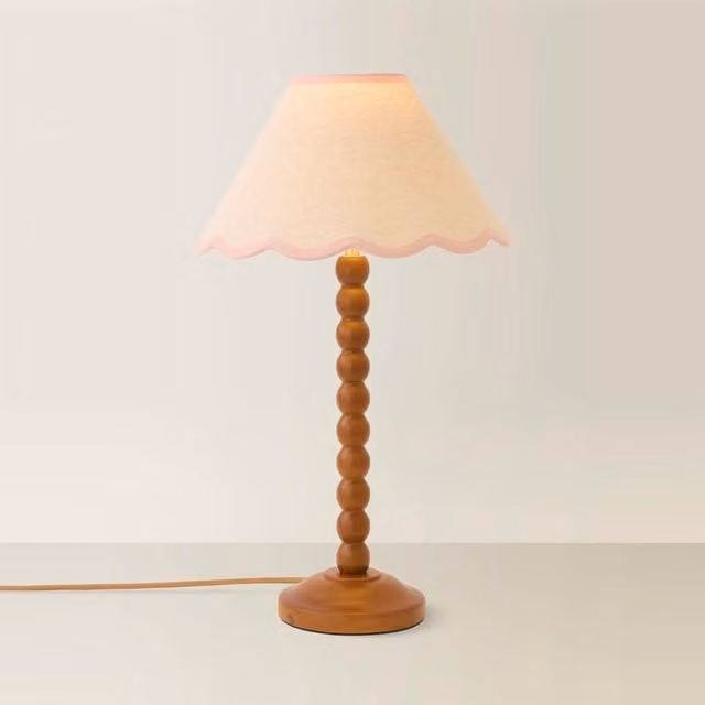 ValueLights Bobbin Walnut Table Lamp with Baby Pink Linen Trim Scallop Shade and LED Bulb