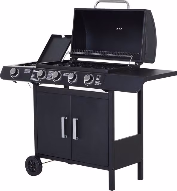 Outsunny 4+1 Gas Burner BBQ Trolley with Side Burner, Smoker, and Storage Side Table in Black
