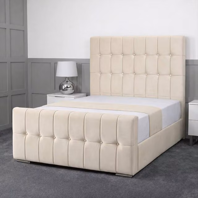 Living Comfort Bedz Belmont Small Double Plush Velvet Upholstered Bed with Slatted Base and 48 Inch Headboard in Beige