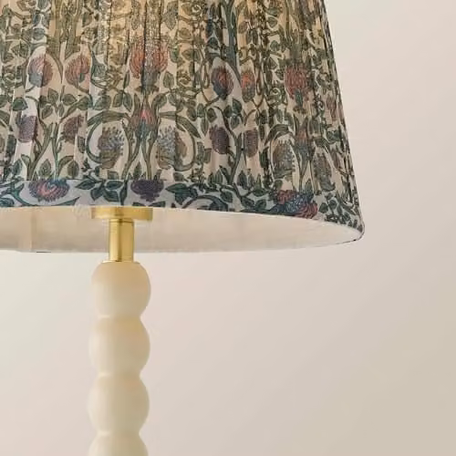 ValueLights Bobbin Floral Printed Pleated Shade Walnut Bobble Table Lamp with Bulb in Green and Beige