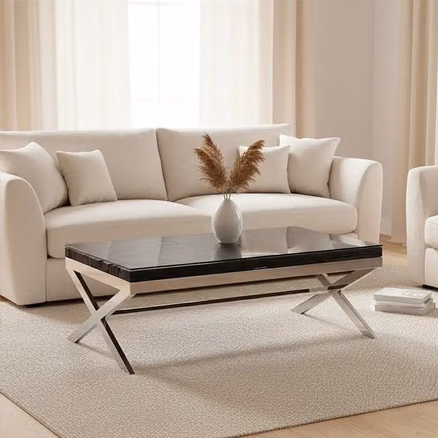 Orsina Rectangular Mango Wood Coffee Table with Glass Top and X-Frame Base in Black and Silver, W/D/H: 130 x 80 x 46 cm
