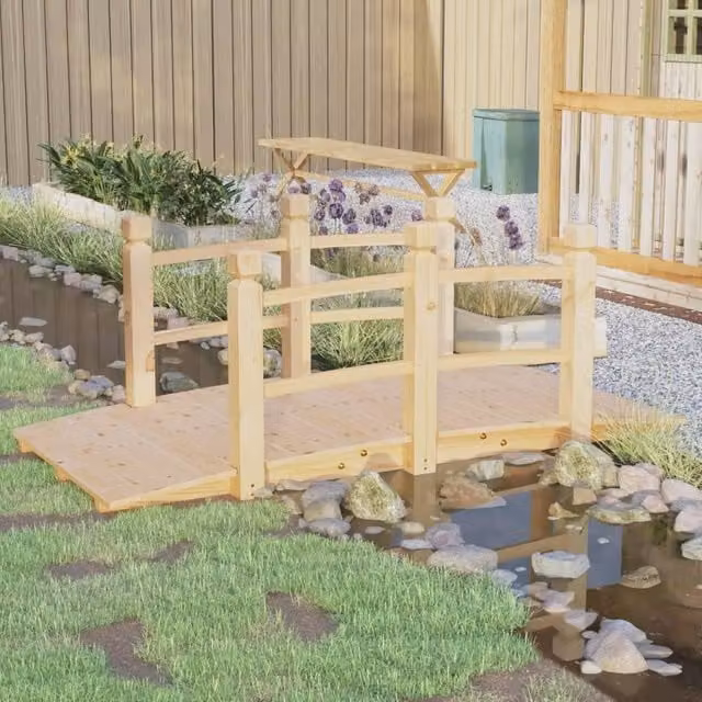 Berkfield Home Garden Bridge with Railings in Brown Solid Spruce Wood W/D/H: 150 x 67 x 56 cm