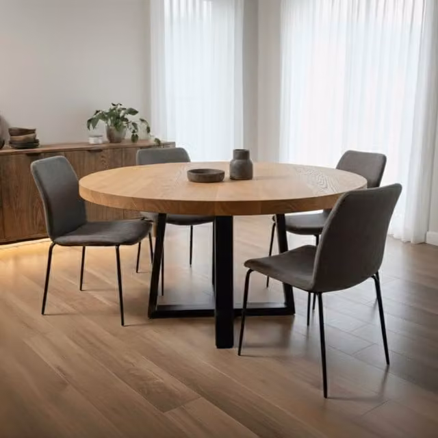TRL Handmade Furniture Modern Round Oak Dining Table in Brown, Diameter: 120 cm, Height: 76 cm