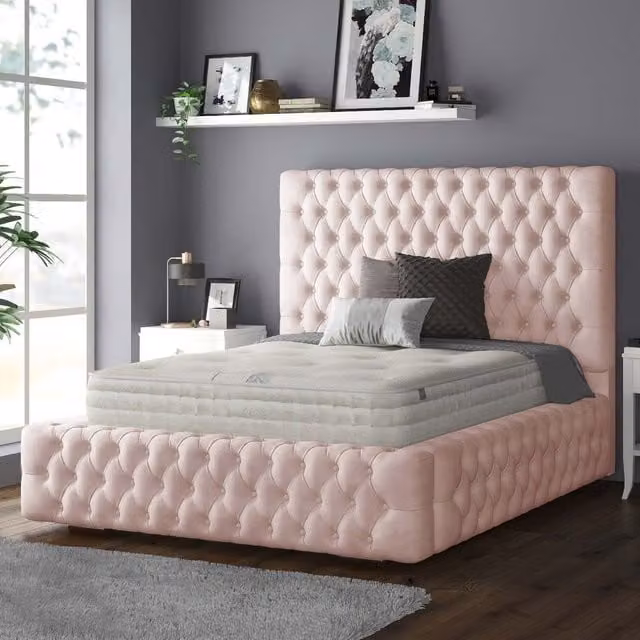 IH Design Royal Cushioned Chesterfield Plush Velvet Single Bed Frame, Pink, W/D/H: 90 x 190 cm