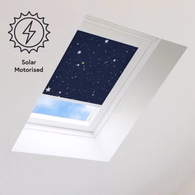 Bloc Blinds Solar Powered Blackout Blind for Velux Roof Windows, Night Sky in White