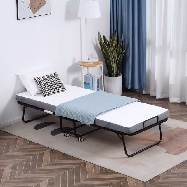 HOMCOM White Metal Folding Rollaway Bed with 10cm Fabric Mattress