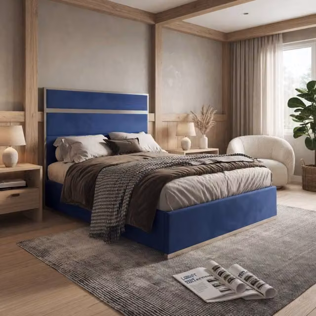 KDMD Horringer Double Bed Frame in Blue Soft Velvet and Metal