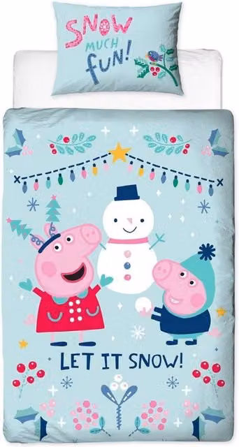 Peppa Pig Snowman Reversible Duvet Cover and Pillowcase Set, Blue, W: 90 cm, L: 190 cm