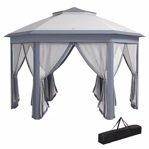 Outsunny Grey Hexagon Pop Up Garden Gazebo with Metal Frame, W: 3.4 m, D: 4.05 m, H: 2.85 m