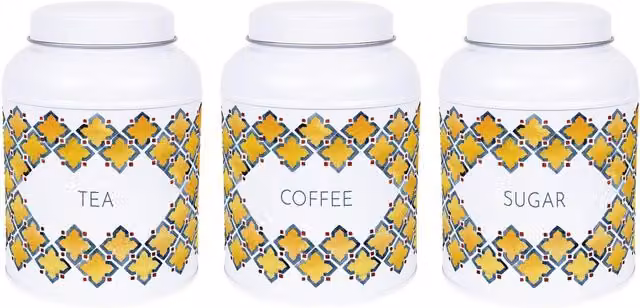 Purely Home Portuguese Tile Floral Tea, Coffee and Sugar Canister Set in Gold and White Metal