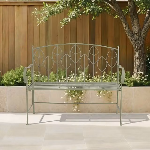 Charles Bentley Rustic Green Metal Garden Bench with Floral Leaf Design and Armrests