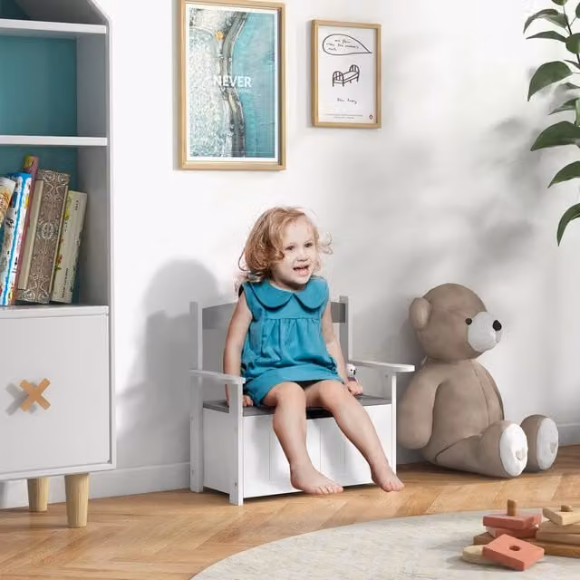 AIYAPLAY 2 in 1 Toy Box for Kids with Soft Close Safety Lid in Grey and White