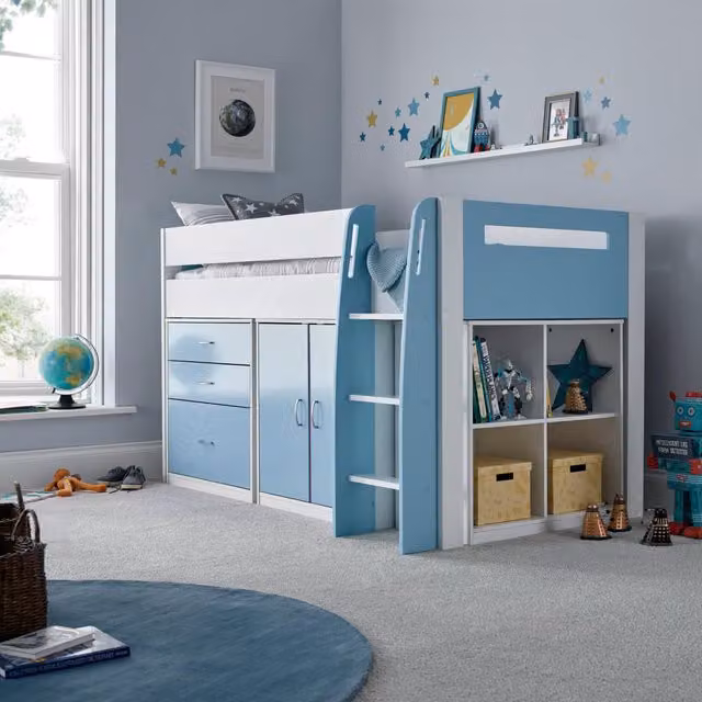 Bedmaster Lacy Mid Sleeper Bed with Storage Drawers and Pocket Spring Mattress, Blue, W/D/H: 190 x 90 x 112.6 cm