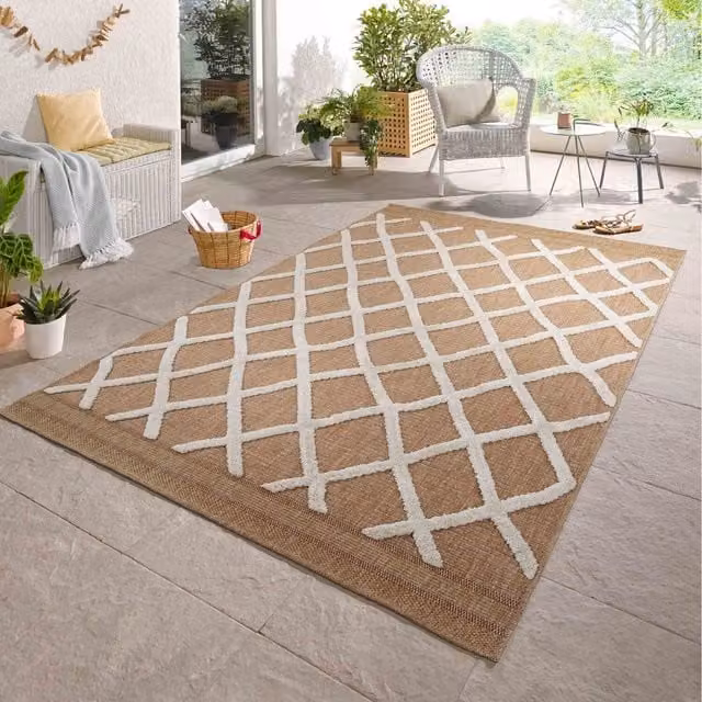 Rugs by Desire Harper Aztec Pattern Indoor Outdoor Garden Area Rug, Beige and White, W: 120 cm, D: 170 cm