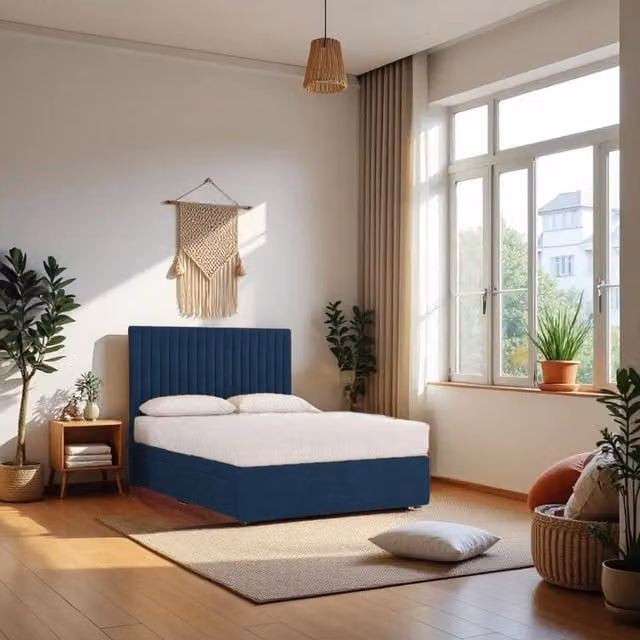 Knight Sleep Emily Navy Plush Velvet Divan Bed Set with Princess Mattress and Headboard, Small Single, W/D: 75 x 190 cm