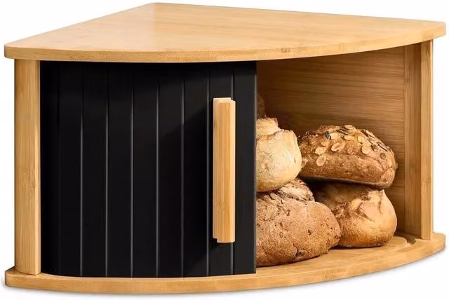 KORVIXA Bamboo Corner Bread Bin with Roll Front in Natural Brown, W/D/H: 100 x 100 x 20 cm