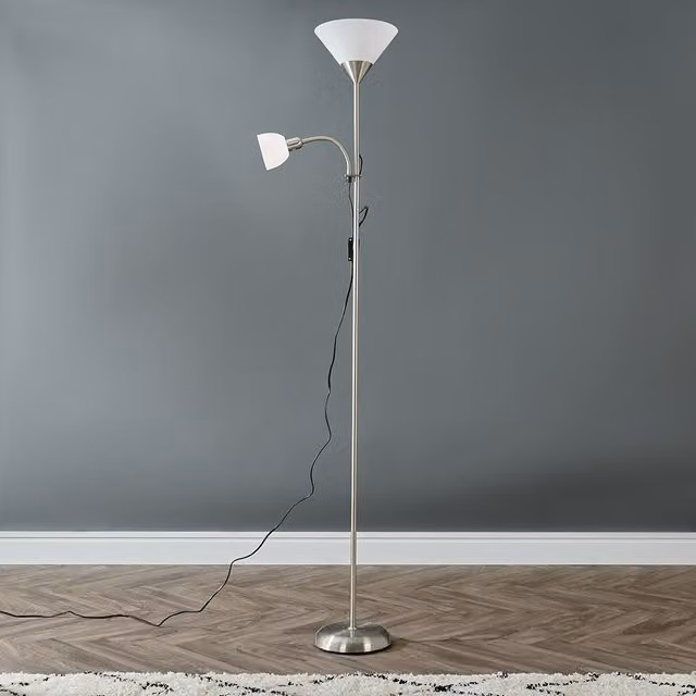 ValueLights Moz Mother and Child Uplighter Floor Lamp with Side Lamp and LED Bulbs in Silver