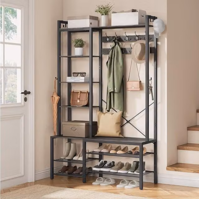 The Bazaarist Industrial Hall Tree Bench and Entryway Organizer with Multi Hooks in Stone Grey and Ink Black