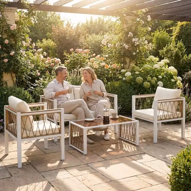 Outsunny 4 Piece White Polyrattan Garden Furniture Set with Upholstered Cushions