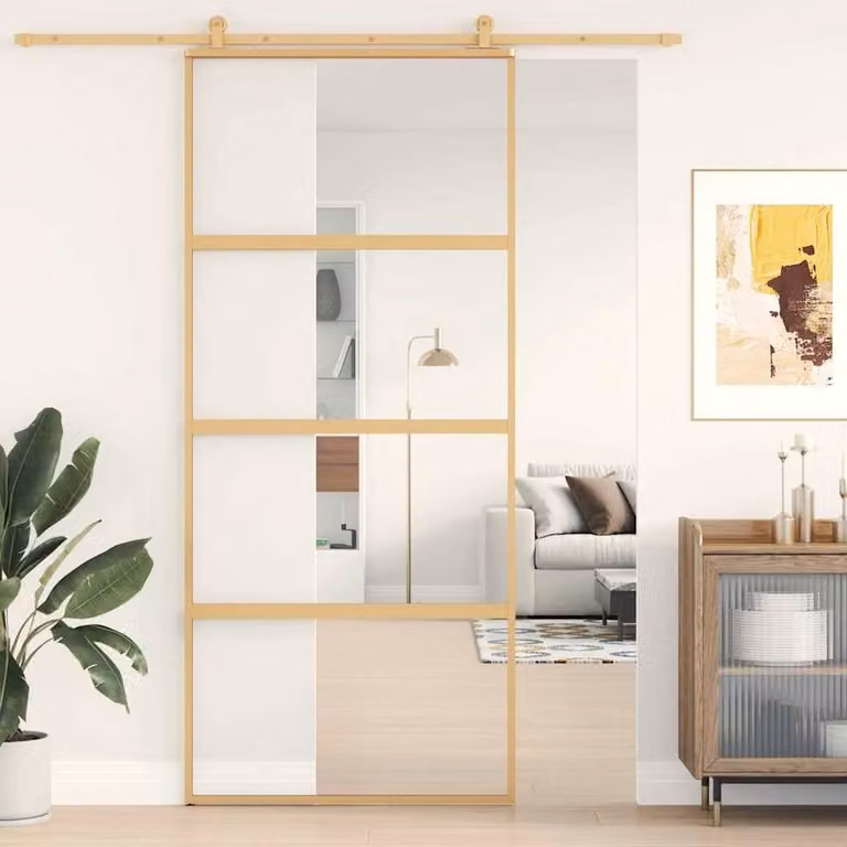 Berkfield Home Minimalist Sliding Door in Gold with Transparent ESG Glass and Aluminium, W: 90 cm, H: 205 cm