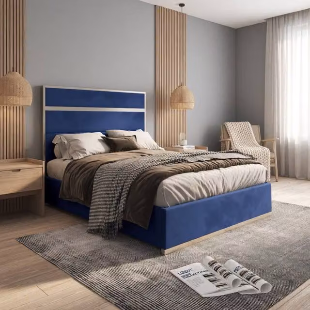 KDMD Horam Single Designer Bed Frame in Blue Velvet and Metal