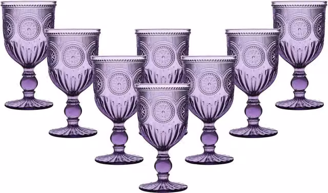 Dibor Set of 8 Purple Embossed Vintage Luxury Wine Glasses, 290ml per glass