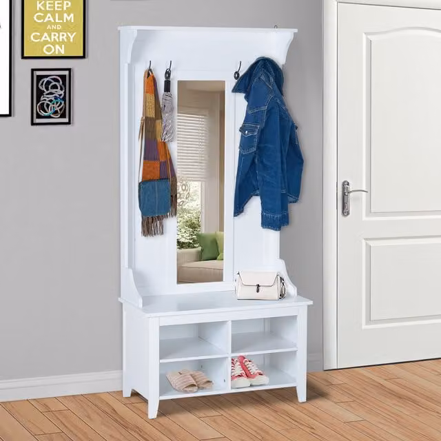 HOMCOM Modern Hallway Hall Tree with Shoe Bench, Mirror and 4 Hooks, White