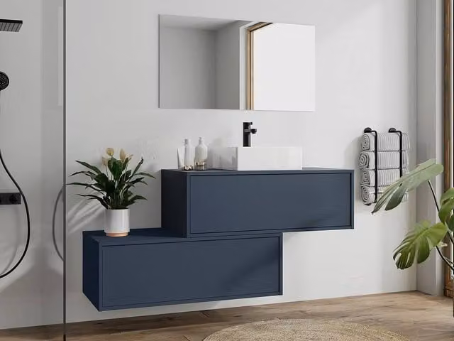 Vente-unique Midnight Blue Wall-Hung Bathroom Unit with Single Square Basin and Two Drawers