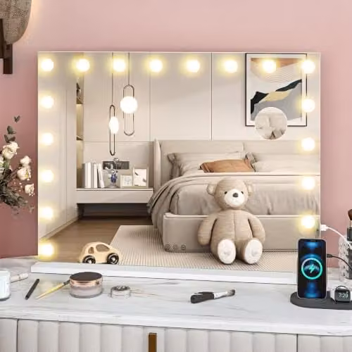 HOMCOM White Tabletop Vanity Mirror with Dimmable LED Lights and Touch Switch, W: 80 cm, H: 62 cm