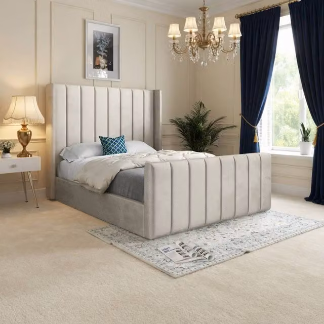 KDMD Sturminster Winged Upholstered Designer Bed Frame in Beige Soft Velvet, Size: Double (140 x 200 cm)