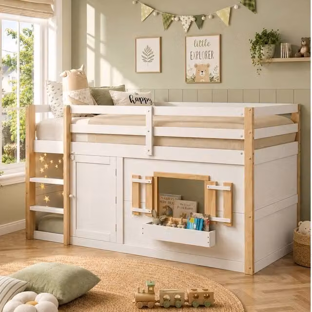 Merax White Mid Sleeper Cabin Bed Frame for Children with Play Area and Ladder, W/D/H: 190 x 90 x 120 cm