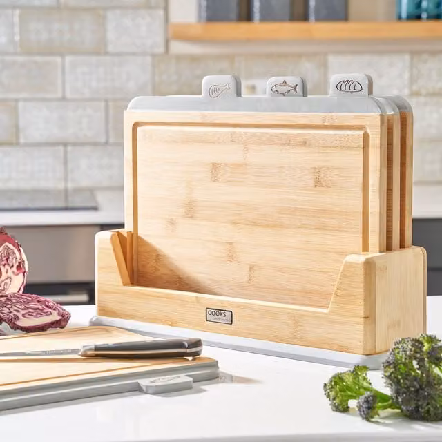 Cooks Professional Set of 4 Grey Bamboo Index Chopping Boards with Stand and Food Type Tabs