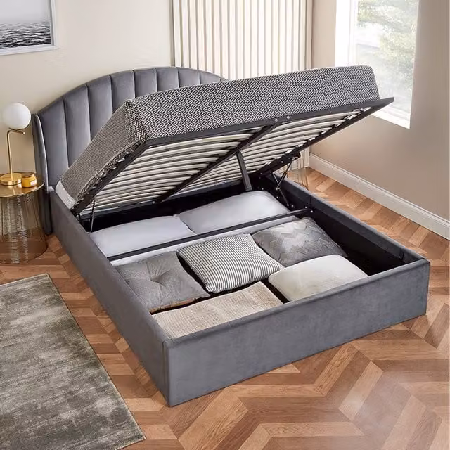 Home Treats Grey Velvet Storage Ottoman Double Bed with Lift Up Base, 140 x 200 cm
