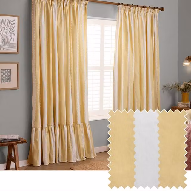 Make It A Home Birdie Stripe Fully Lined Ruffle Pencil Pleat Curtain Pair in Yellow, H: 229 cm x W: 183 cm