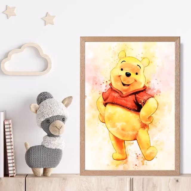 ARTZE Winnie the Pooh Watercolour Art Print with Oak Frame in Yellow