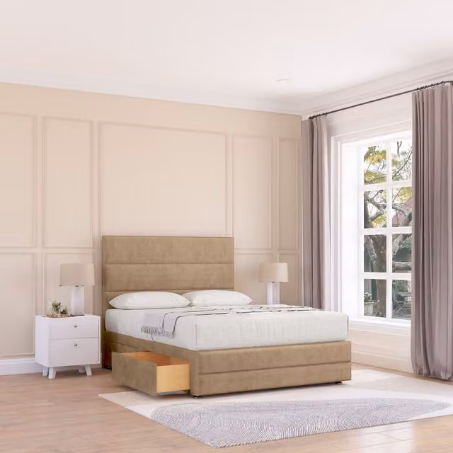Sloomy Monaco Upholstered Bed Frame with Headboard in Beige, W/D/H: 120 x 200 x 90 cm