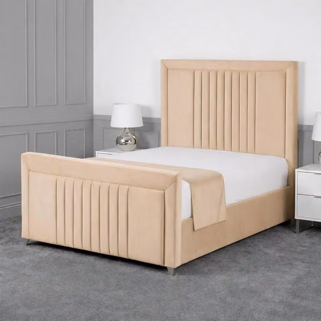Living Comfort Bedz Celeste Super King Plush Velvet Upholstered Bed with Slatted Base and 48 Inch Headboard in Beige