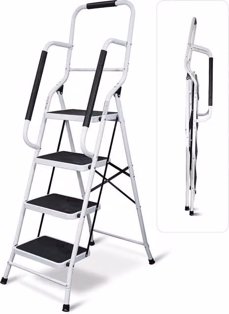 mysmartbuy 4 Step Foldable Safety Stepladder with Non-Slip Treads and Rubber Feet in White