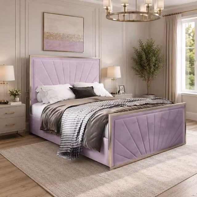 Casani Southborough Upholstered Velvet Designer Bed Frame in Pink with Metal Details, W/D/H: 137 x 120 x 128 cm