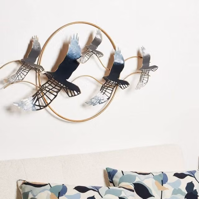 Wyld and Coco Multicolour Gold Iron Bird Wall Sculpture Modern Abstract Metal Decor