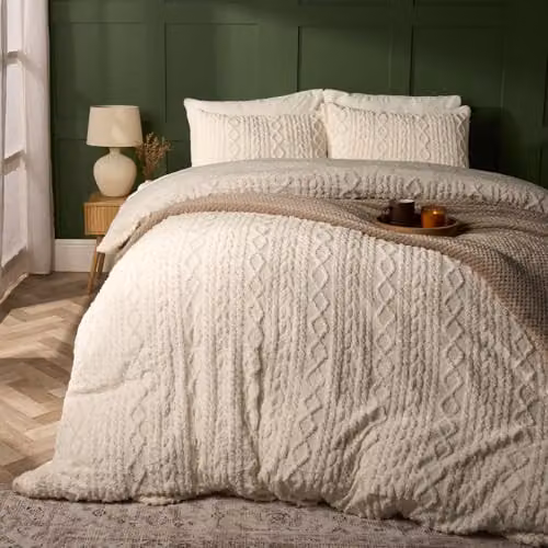 OHS King Size Cable Knit Fleece Duvet Cover Set with Pillowcases, Cream/Beige, W/D/H: 180 x 200 cm and 50 x 75 cm