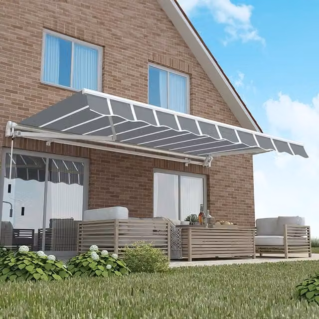 Primrose Manual Wall-Mounted Garden Patio Awning Canopy in Grey Striped Aluminium, 400 cm