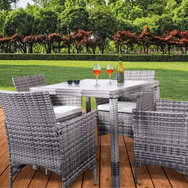 Comfy Living 5-Piece Square Polyrattan Garden Dining Set with Glass Table and Cover in Grey