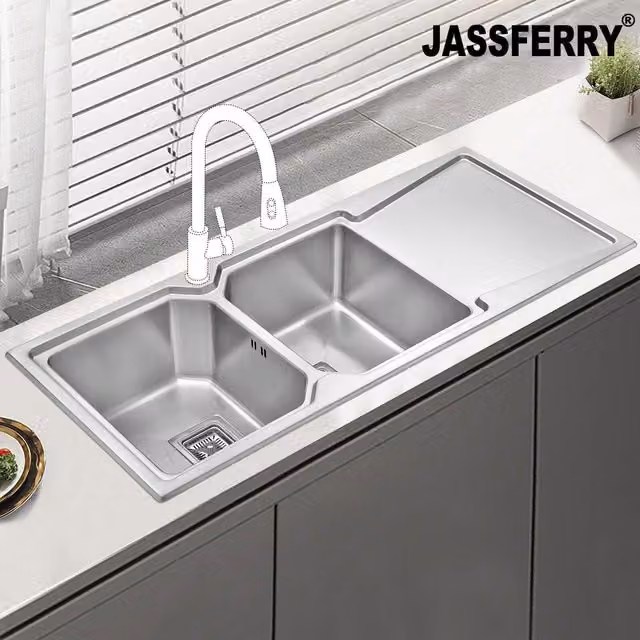 JASSFERRY Stainless Steel Double Bowl Kitchen Sink with Right Drainer in Silver