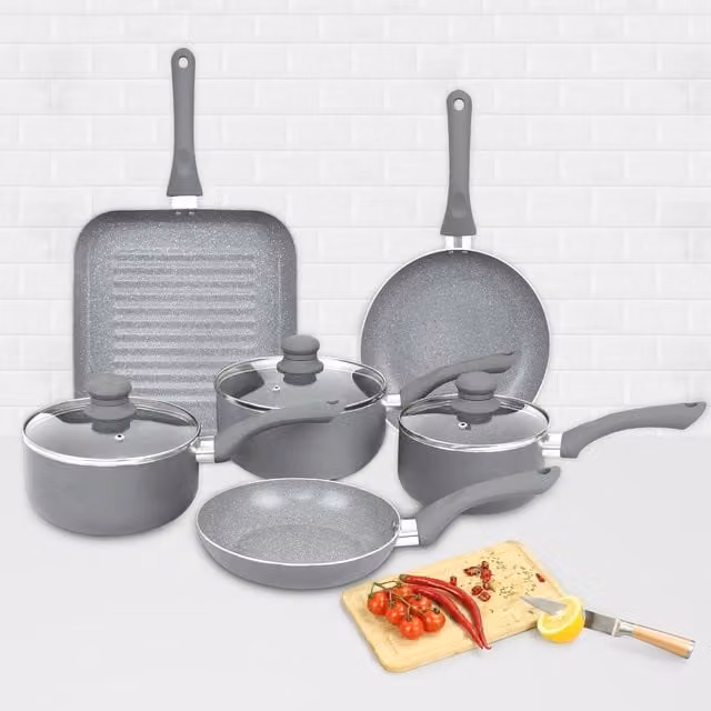 Gr8 Home 9 Piece Grey Marble Non Stick Aluminium Pan Set with Saucepan and Frying Pan