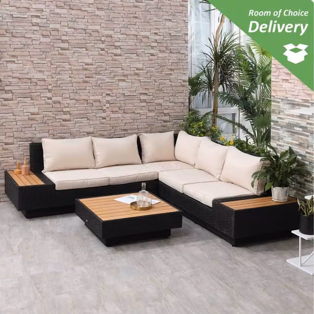 Outsunny 4-Piece L-Shape Rattan Garden Furniture Set with Upholstered Cushions and Coffee Table in Black