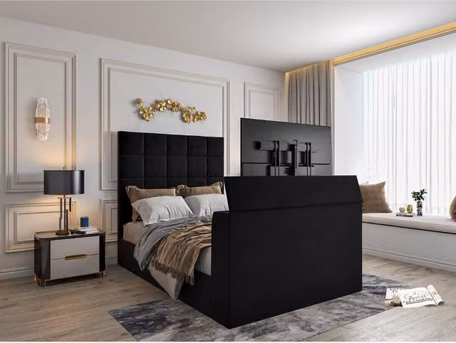Casani Cubica Upholstered TV Bed Frame in Dumfries Fabric, Sapphire Blue, W/D/H: 140 x 200 cm