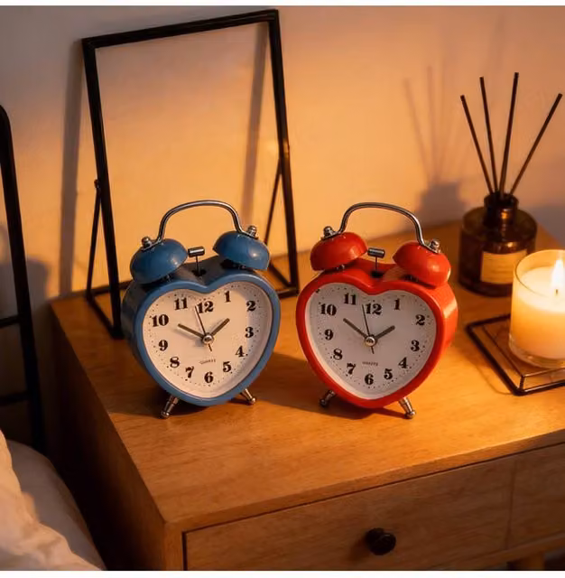 KDMD Retro Heart Bell Twin Alarm Clock in Blue and Multicolour, Diameter: 8 cm