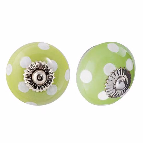 Nicola Spring Polished Ceramic Cupboard Drawer Knobs with Polka Dot Design in Green and White, Pack of 24