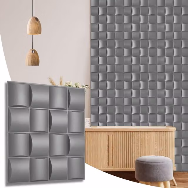 NOVECRAFTO Matte Grey 3D Wall Panels with Square Grid Lattice Design, PVC Cladding, W: 50 cm x H: 50 cm